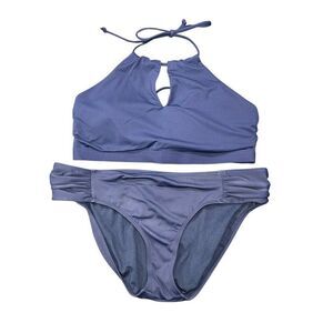 Athleta Swimsuit Women's Size Large Blue High Neck Keyhole Shirred Bottom Bikini